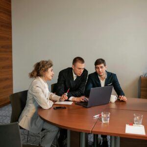 Colleagues Looking at a Computer during a Meeting